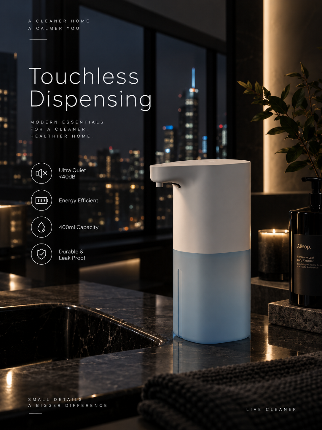 A touchless dispensing bottle for water or soap sits on a dark countertop in a modern kitchen or bathroom setting with a city skyline at night visible through the window behind it. The bottle has a white top half and a frosted light blue bottom half.