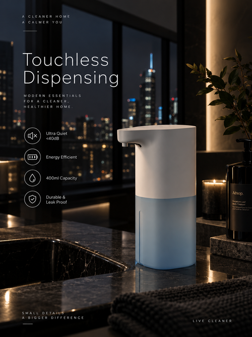 A touchless dispensing bottle for water or soap sits on a dark countertop in a modern kitchen or bathroom setting with a city skyline at night visible through the window behind it. The bottle has a white top half and a frosted light blue bottom half.
