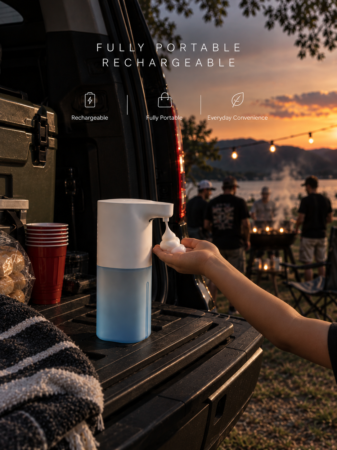 A portable rechargeable foam dispenser with a white top and blue gradient bottom is shown dispensing foam into a hand at a lakeside campsite at sunset. Text overlays highlight its fully portable and rechargeable features.