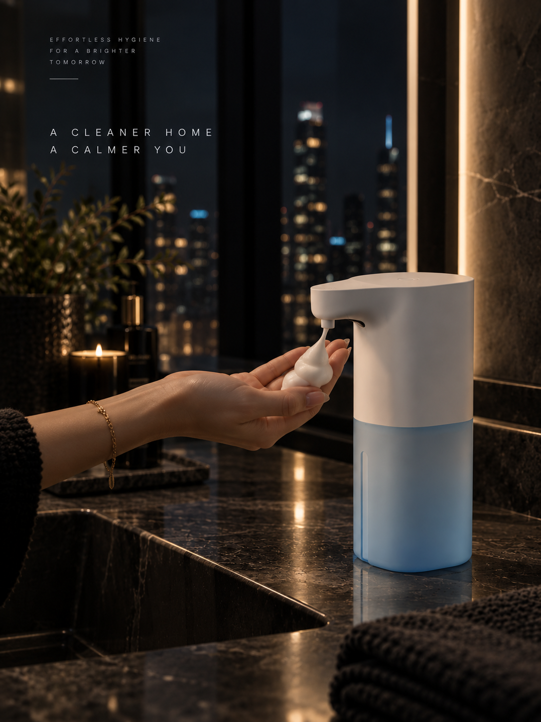 A modern automatic soap dispenser with a white top and frosted light blue bottom sits on a dark marble bathroom counter. A hand is shown dispensing white foam under warm ambient lighting, with a blurred city skyline at night in the background.