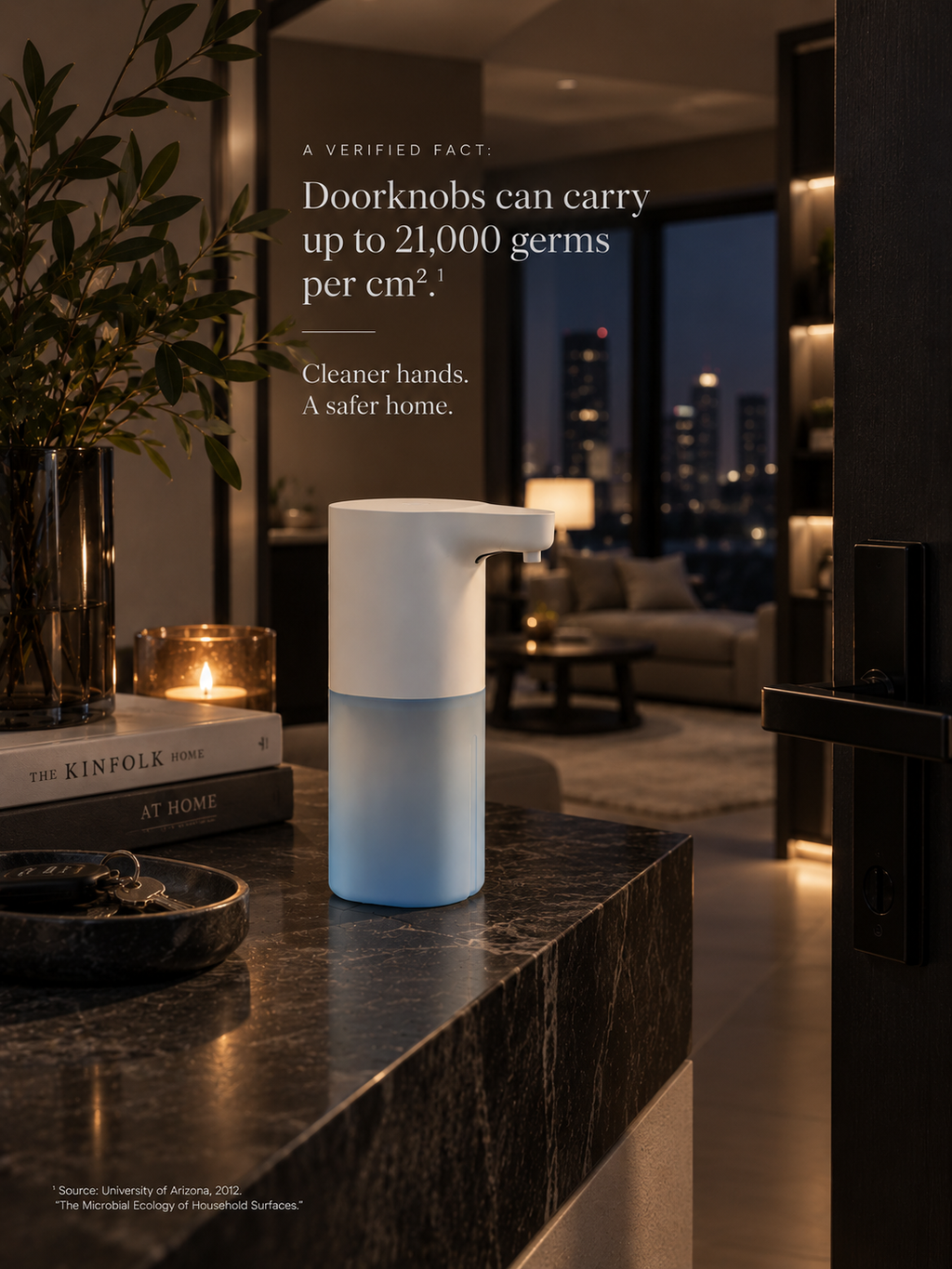 A semi-transparent cylindrical dispenser with a white top and frosted blue lower section sits on a dark marble countertop in a modern living room setting. Text on the image highlights germ reduction benefits of doorknobs.