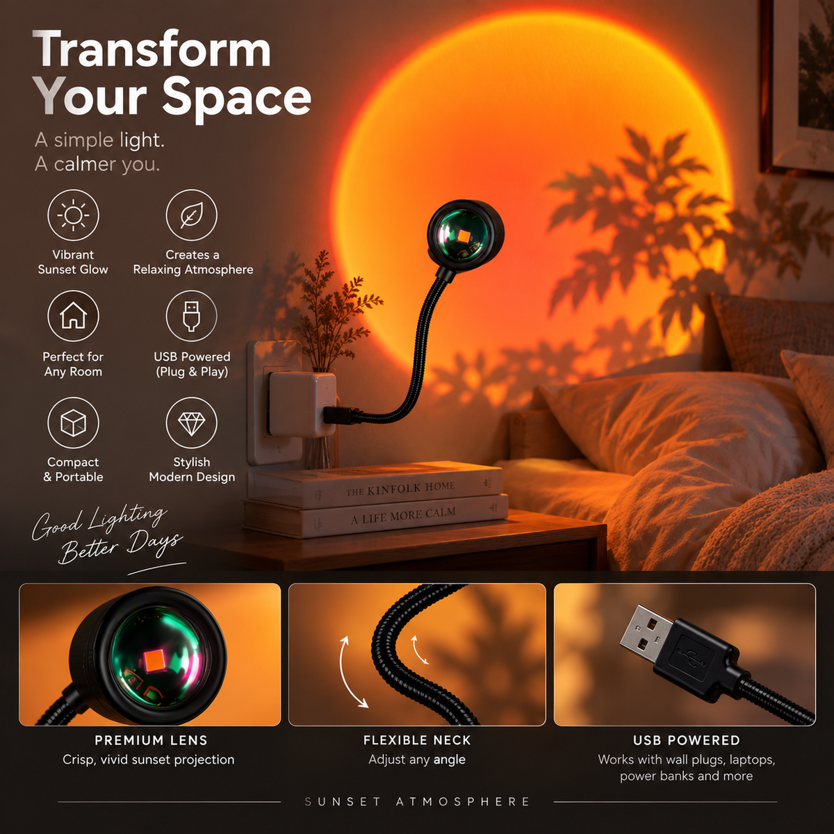 Sunset Projection Lamp - USB Multi-Angle Ambient Night Light